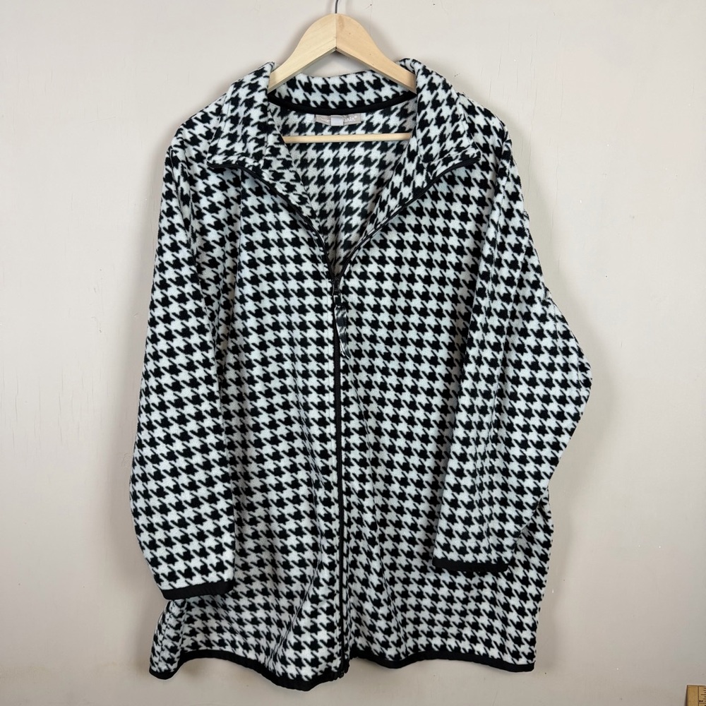 Woman Within Jacket 4X 26/28 2X Houndstooth Fleece Zip Black White Cozy Pockets